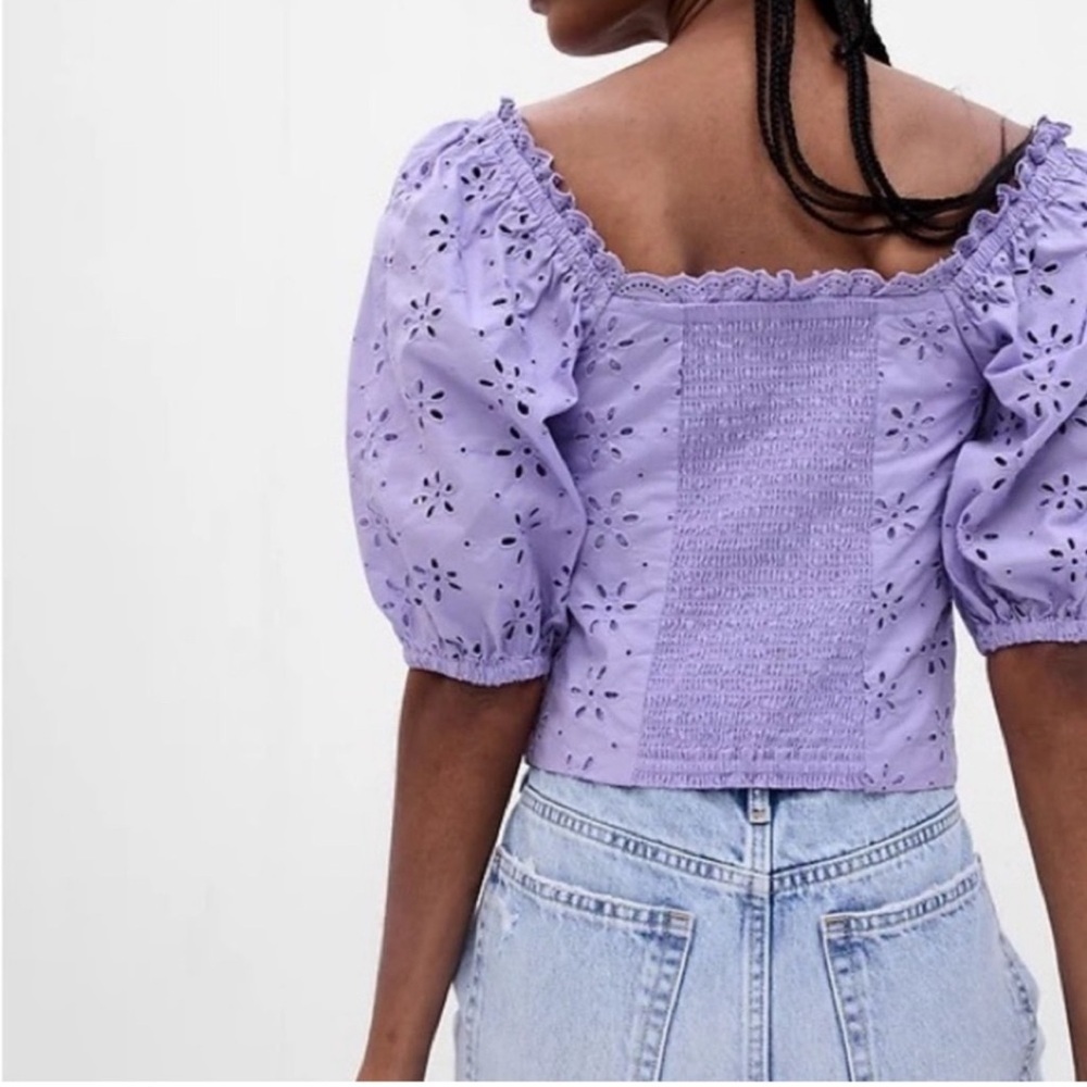 GAP Puff Sleeve Eyelet Shirt in Purple Lotus - Picture 2 of 13